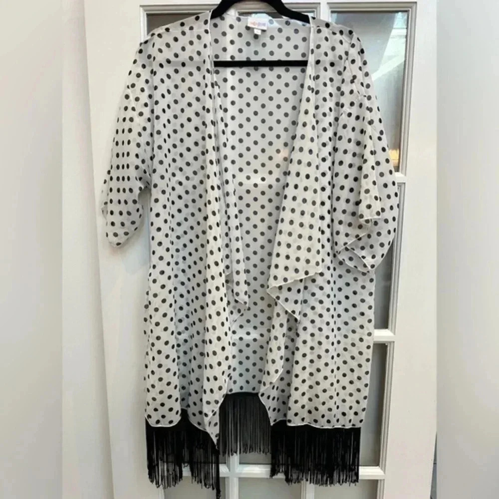LuLaRoe Dark Navy Polka Dot Black Fringe Monroe Kimono Swim Coverup Size Large L - Picture 1 of 11